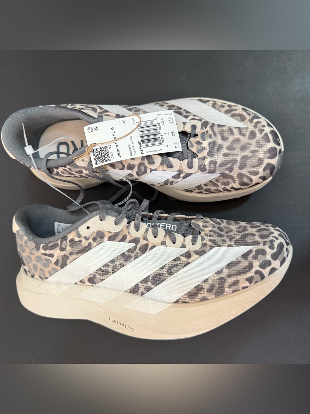 Adidas Adizero Evo SL W Leopard Print Running Shoes - White & Gray